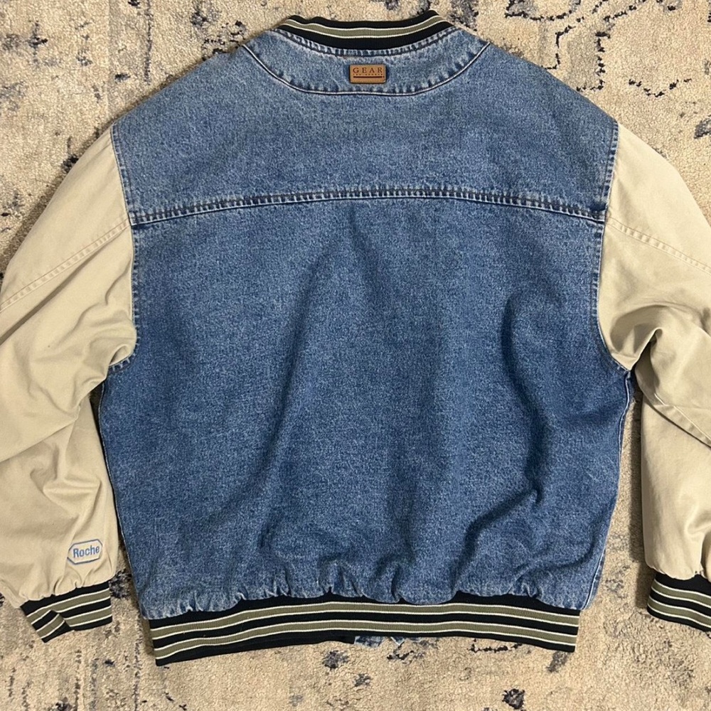 Vintage Denim Varsity Jacket with Beige Sleeves - Picture 2 of 8